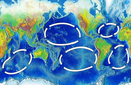 Les cinq gyres principaux. Celui qui contient le plus de déchets est le gyre du Pacifique Nord. [Source: NOAA]